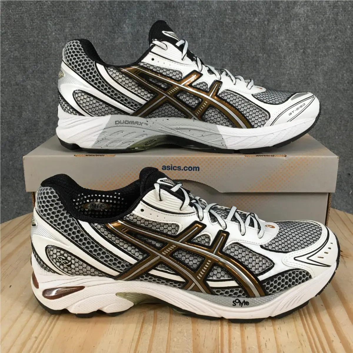 Asics GT-2150 Shoes Mens 10 Athletic Sneakers T004N White Black Brass Mesh