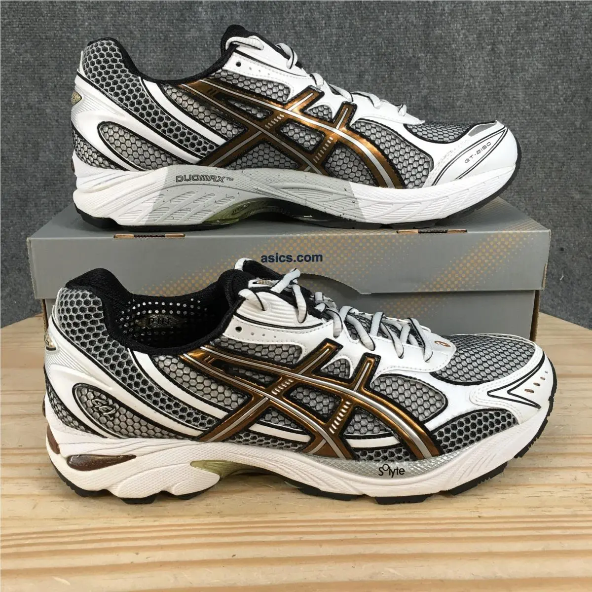 Asics GT-2150 Shoes Mens 10.5 Athletic Sneakers T004N White Black Brass Mesh