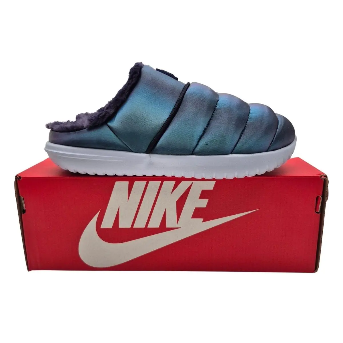 Nike Burrow SE Women`s Size 7 Slippers Comfort Fuzzy Iridescent Imperial Purple