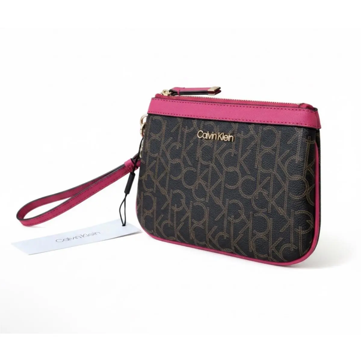 Calvin Klein Brown Logo Wristlet with Hot Pink Trim