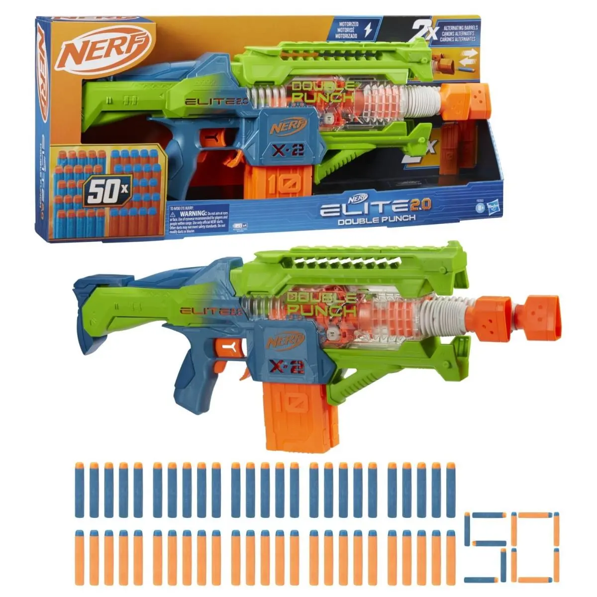 Nerf Elite 2.0 Double Punch Motorized Blaster with 50 Darts Clips