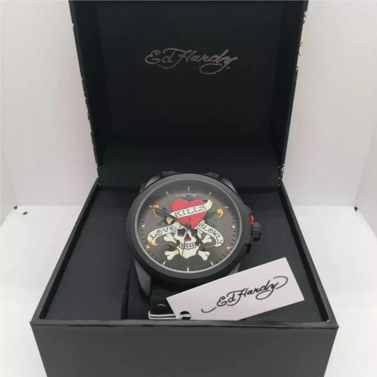 Men’s Skull Print Dial Matte Black Silicone Strap Analog Watch by Ed Hardy