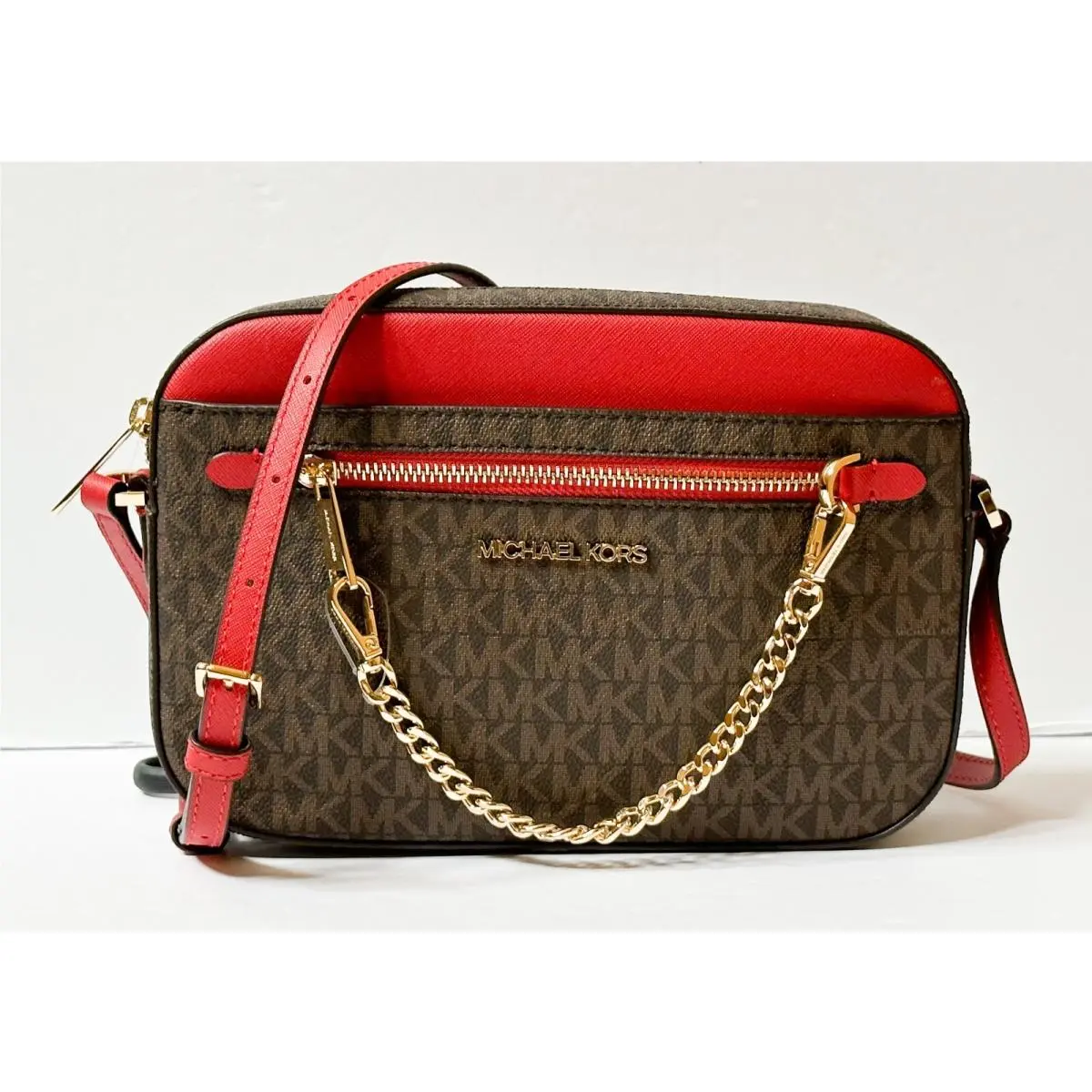 Jet Set Item East West Shoulder Crossbody Bag Chain MK Brown Red(Flame) by Michael Kors