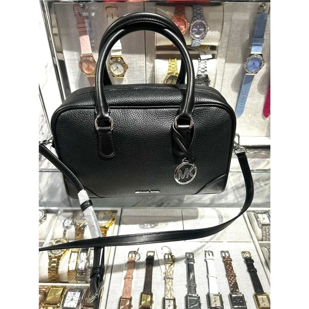 Michael Kors Thompson Women Medium Grained Leather Duffle Satchel Bag Black