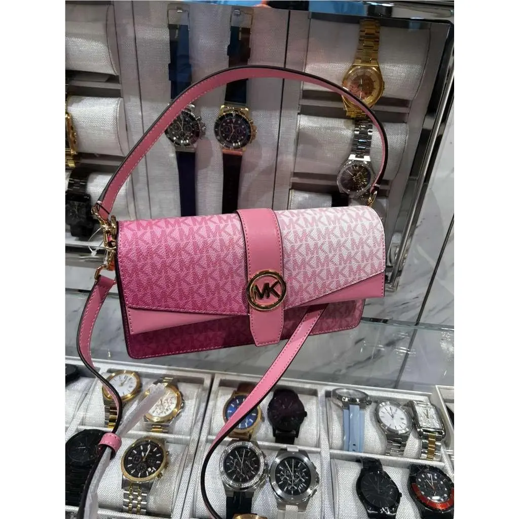 Michael Kors Greenwich Women Medium Ombré MK Logo Flap Shoulder Bag Carnation