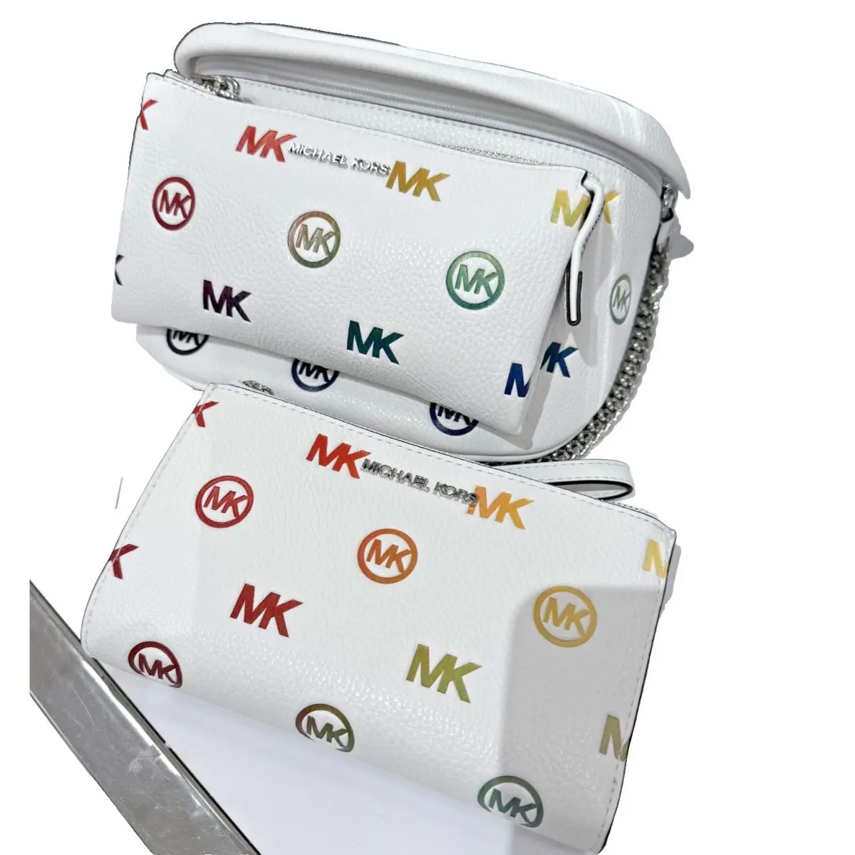 Michael Kors Set Slater MD Chain Crossbody Sling Pack Bag Optic White + Wallet