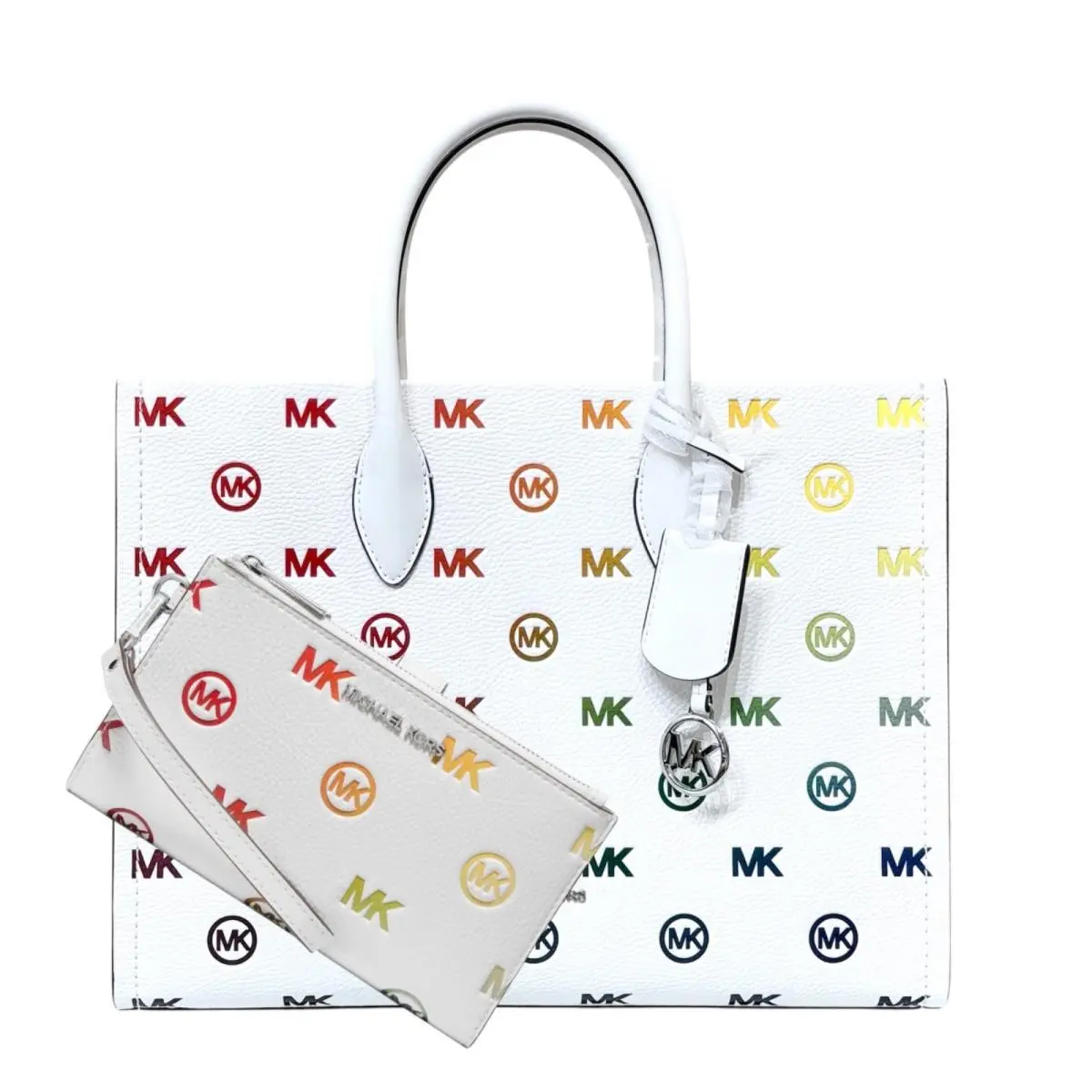 Michael Kors Mirella Medium Tote MK Signature Logo Bag + Wallet Set Optic White