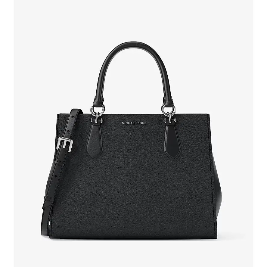 Marilyn Medium Saffiano Leather Convertible Satchel Bag Black by Michael Kors