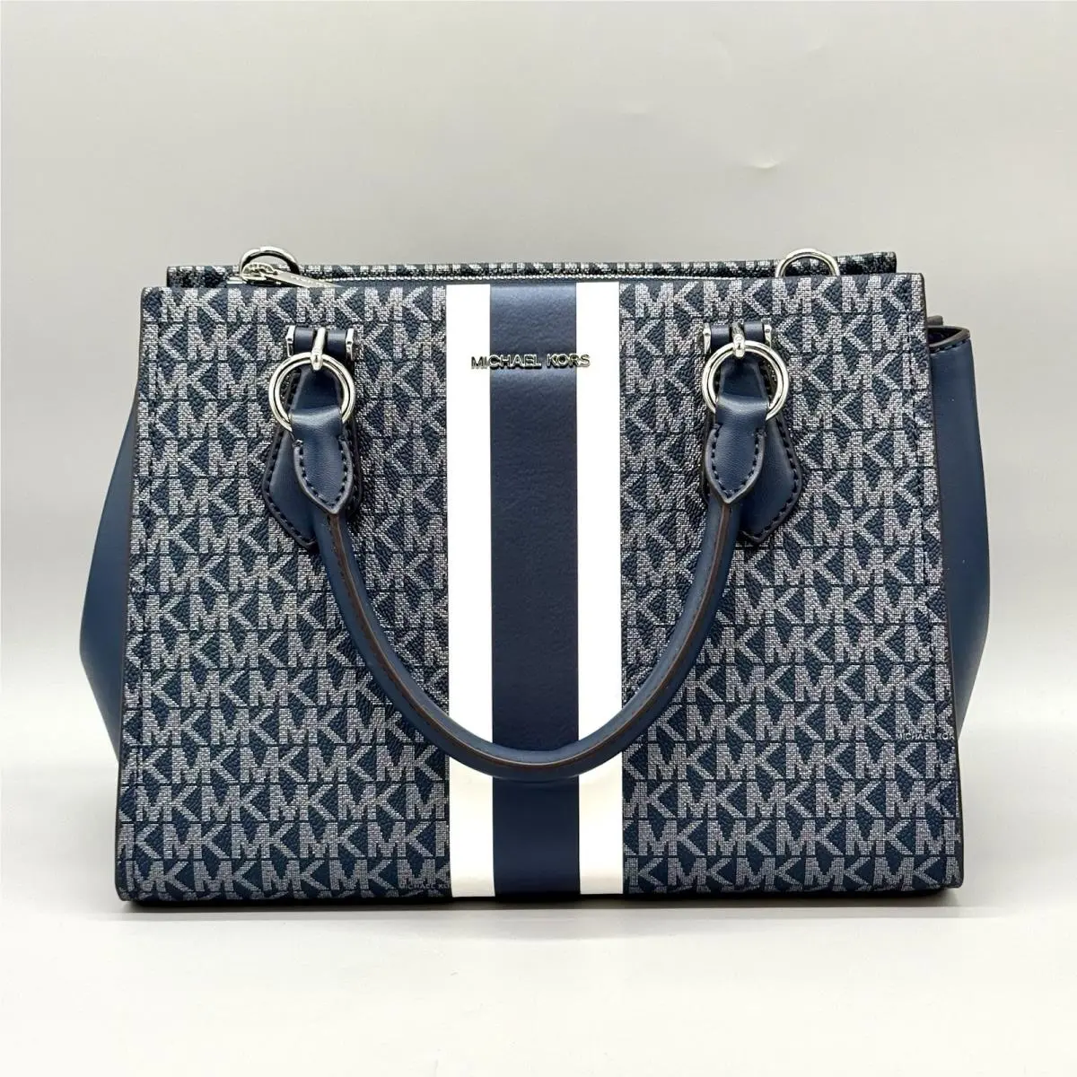 Michael Kors Navy Blue Marilyn Medium Signature Logo Stripe Satchel Bag Purse