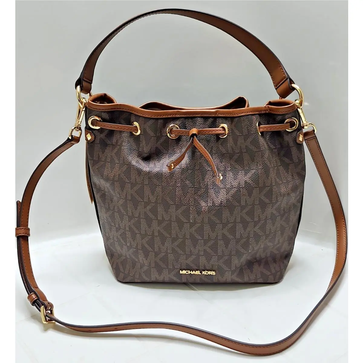 Michael Kors Maeve Medium Bucket Bag Brown Logo Drawstring Gold Hardware Women