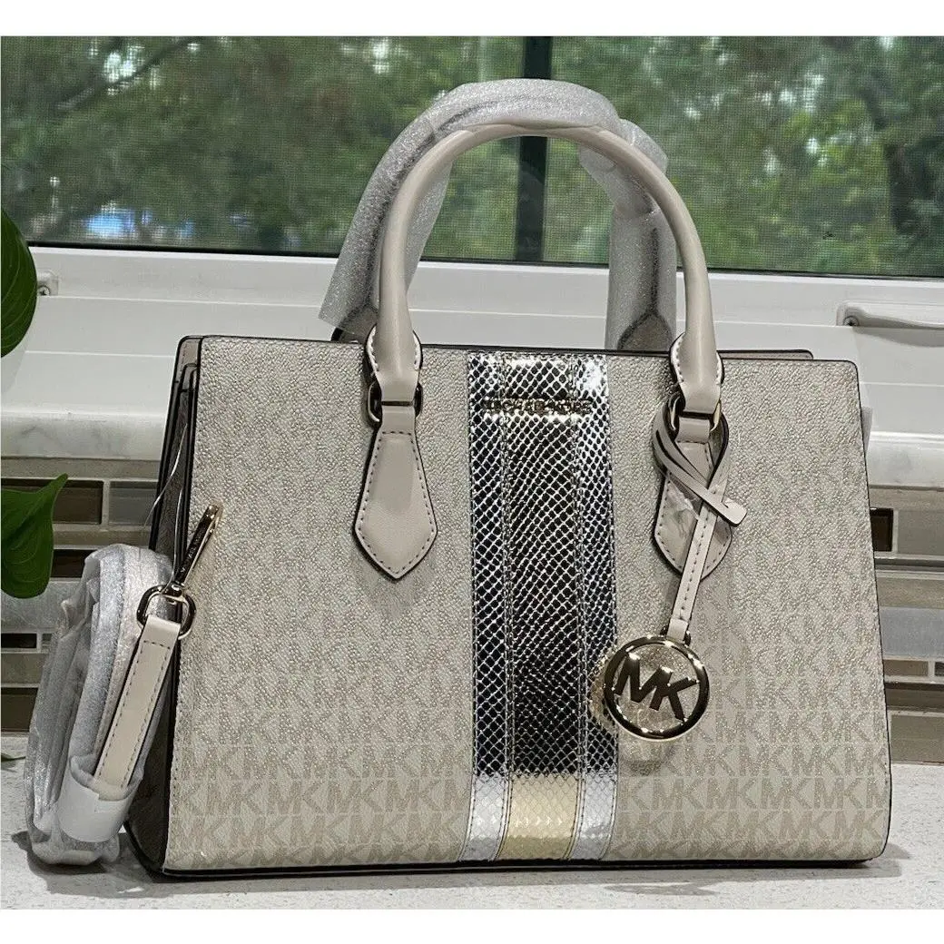 Michael Kors Sheila Medium Satchel Metallic MK Logo Gold Stripe Shoulder Bag