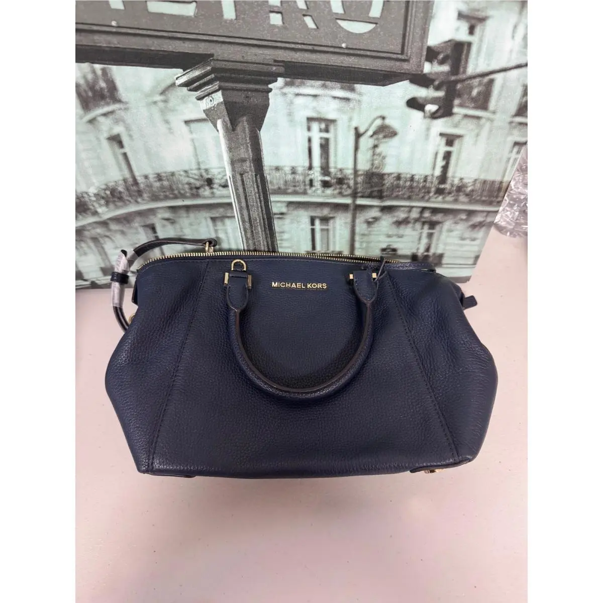 Michael Kors 38S7GRLS1L Riley Navy Large Pebbled Leather Satchel Bag