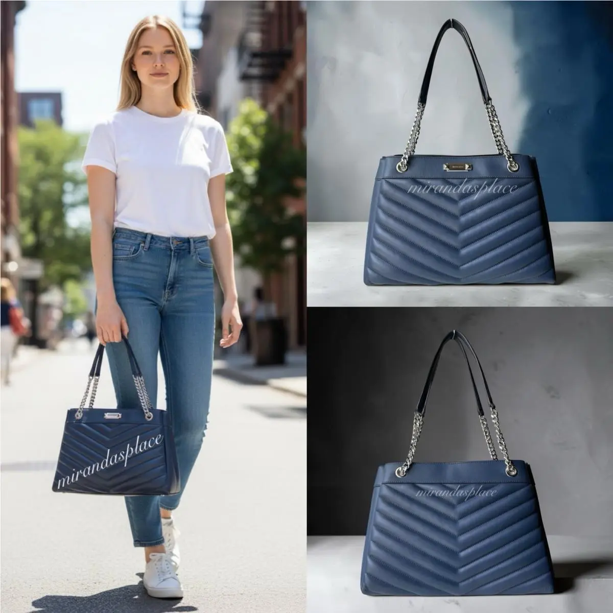 Whitney Medium Navy Leather Quilted Chain Shoulder Tote Bag by Michael Kors
