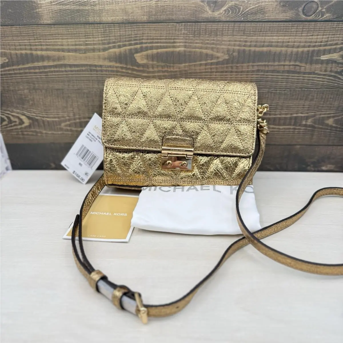 Michael Kors Leather Ruby Medium Clutch Crossbody Pale Gold