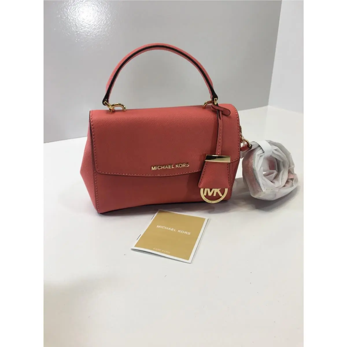 Michael Kors Ava Saffiano Leather Small Crossbody Satchel Purse Coral