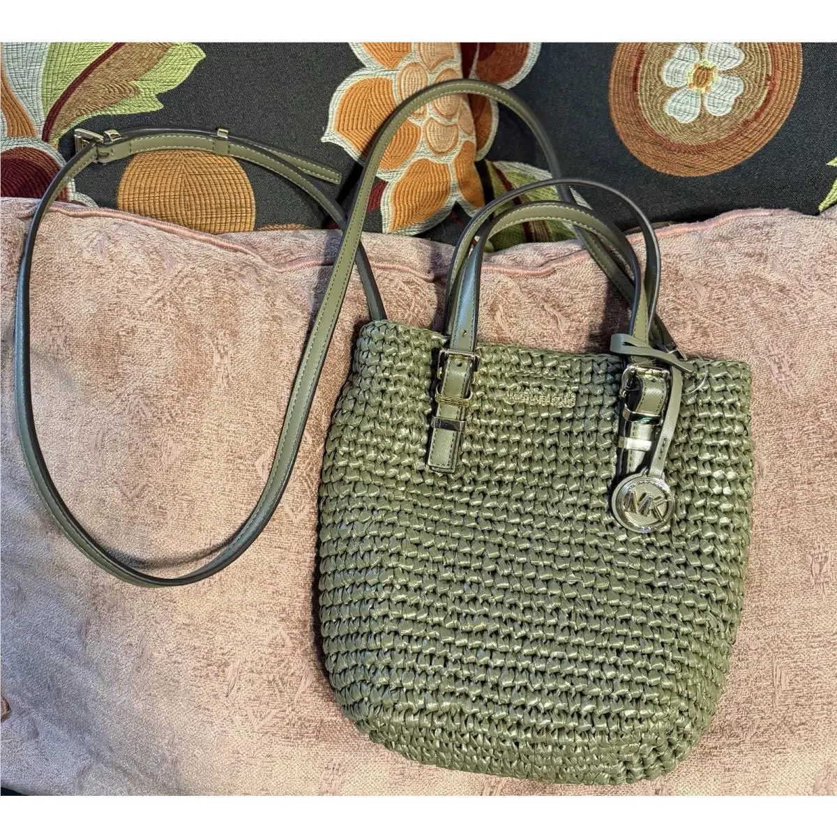 Quinn Extra-small Crocheted Crossbody Bag Purse Green Straw by Michael Kors