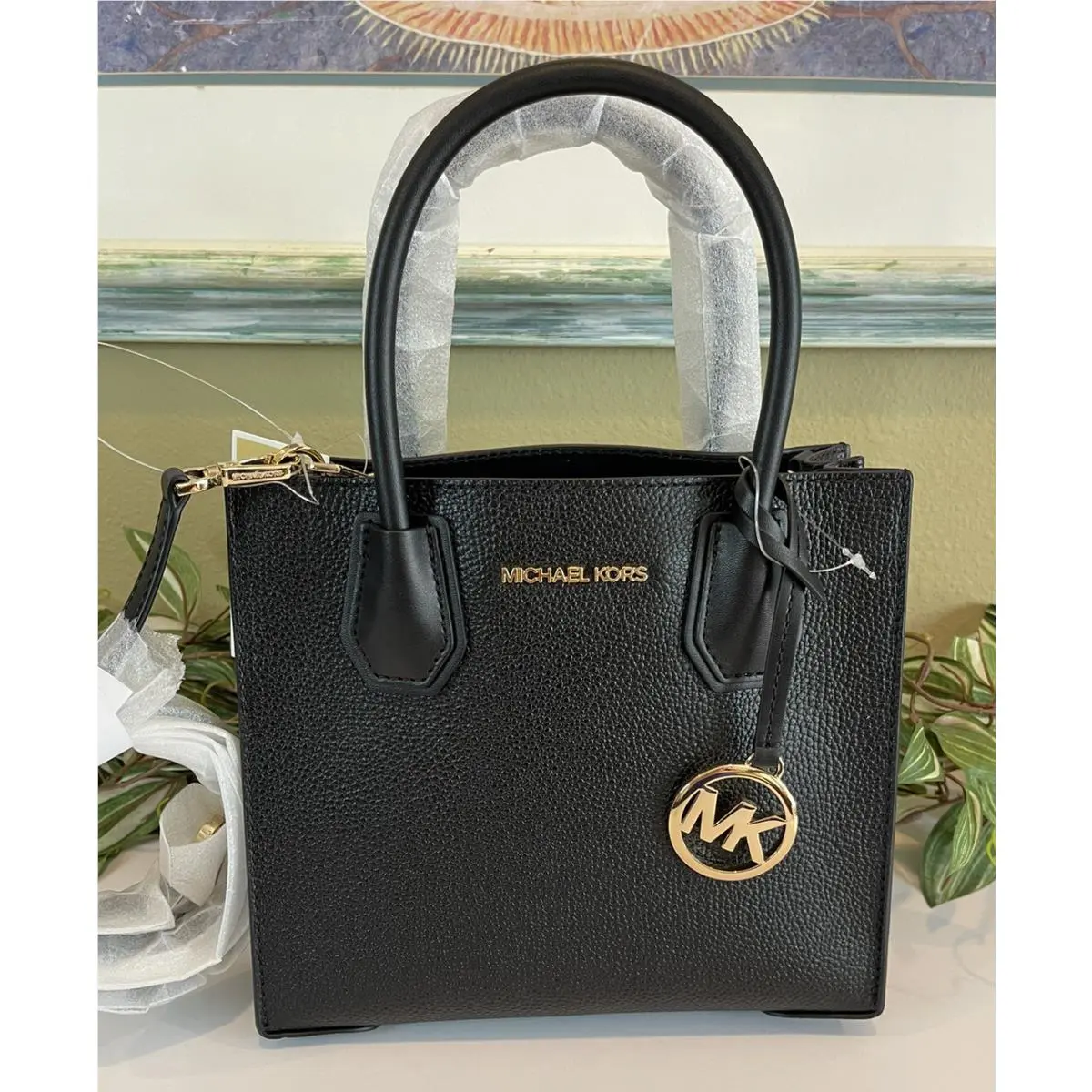 Michael Kors Mercer Medium Small Messenger Crossbody Bag MK Black Leather Gold