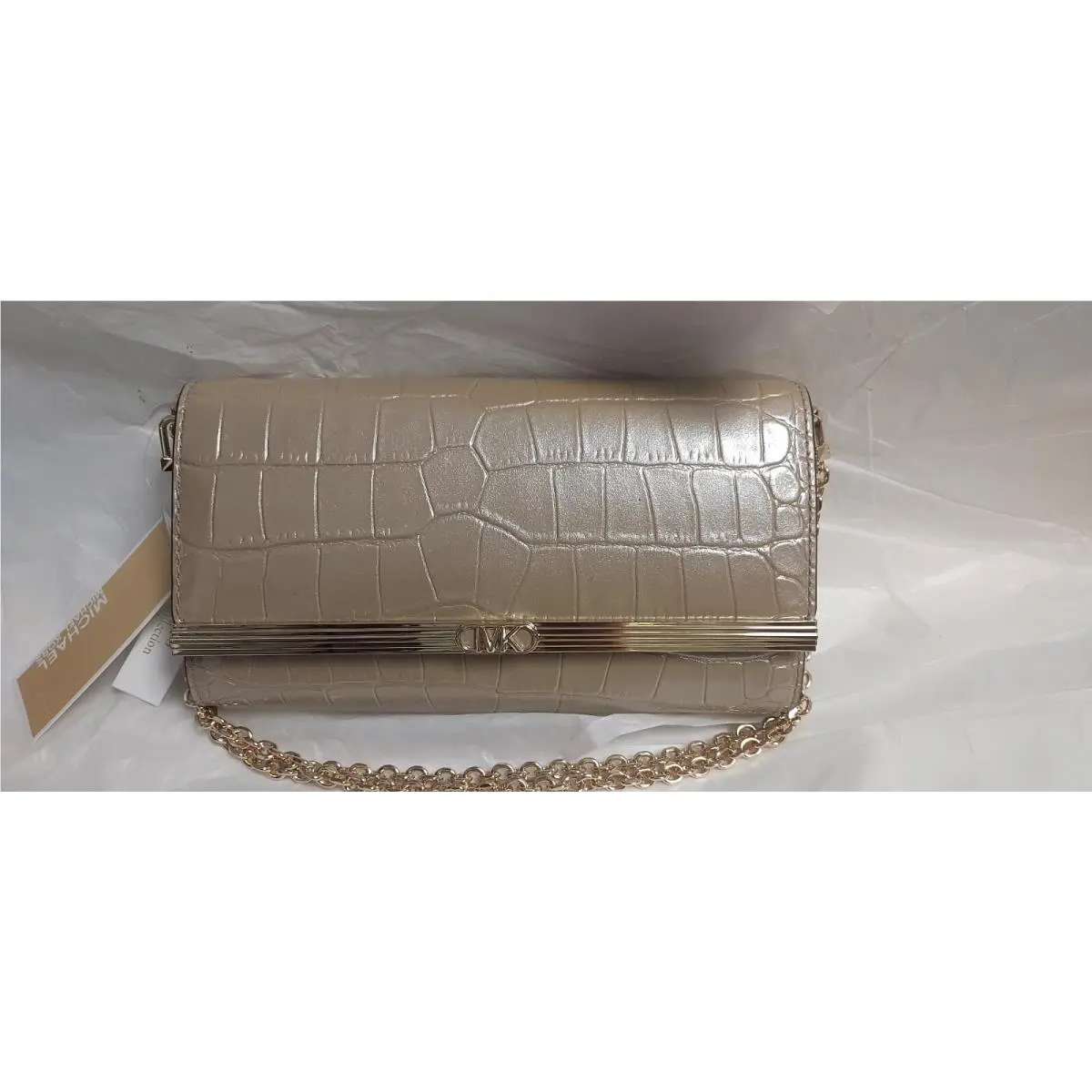Michael Kors Croco Embossed Mona Large Crossbody Clutch Camel Leather