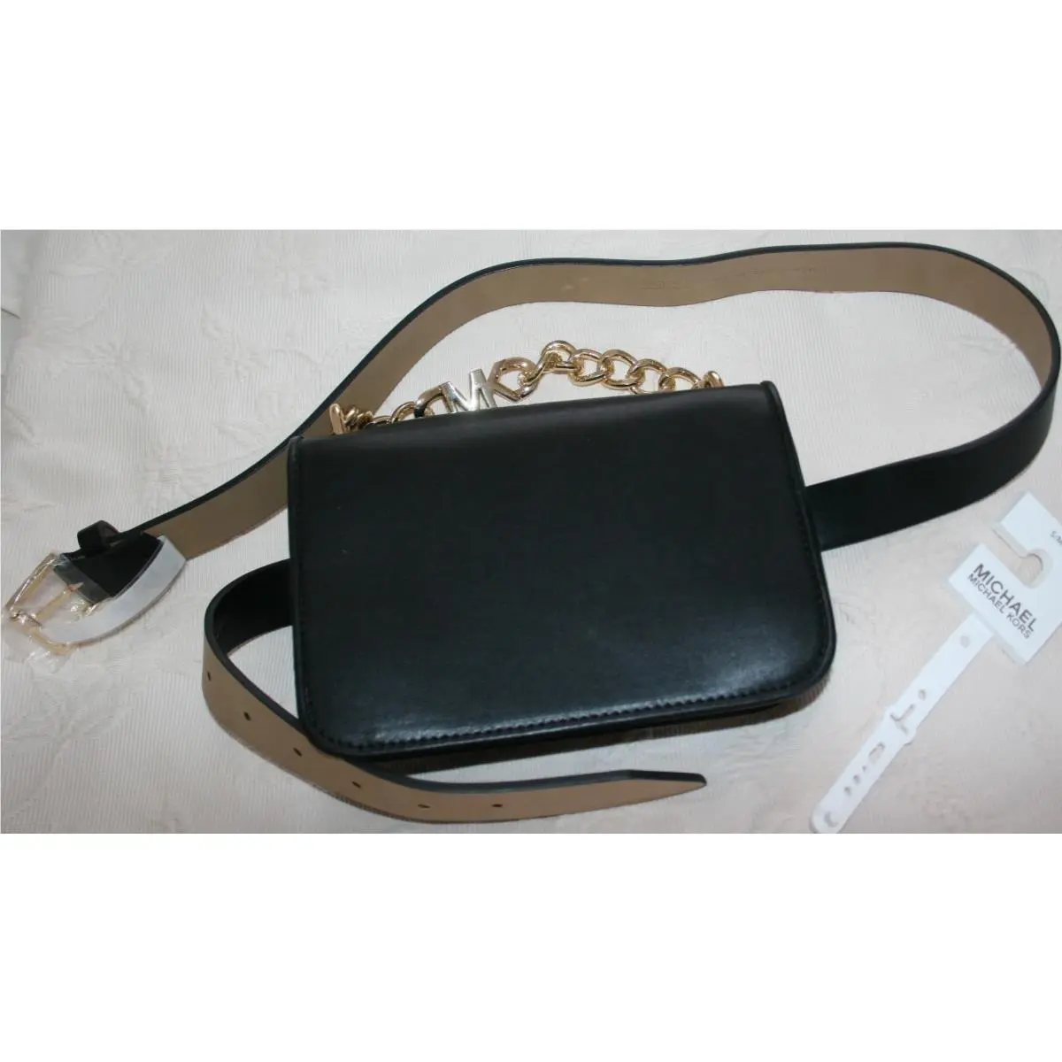 Michael Kors Leather Waist Belt Bag/fanny Pack Black Chain Handle Large/xl
