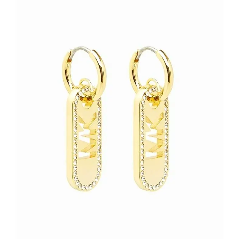 Gold Tone MK Cut Out Logo Bar Huggie Hoop Crystals Drop Earrings BX by Michael Kors