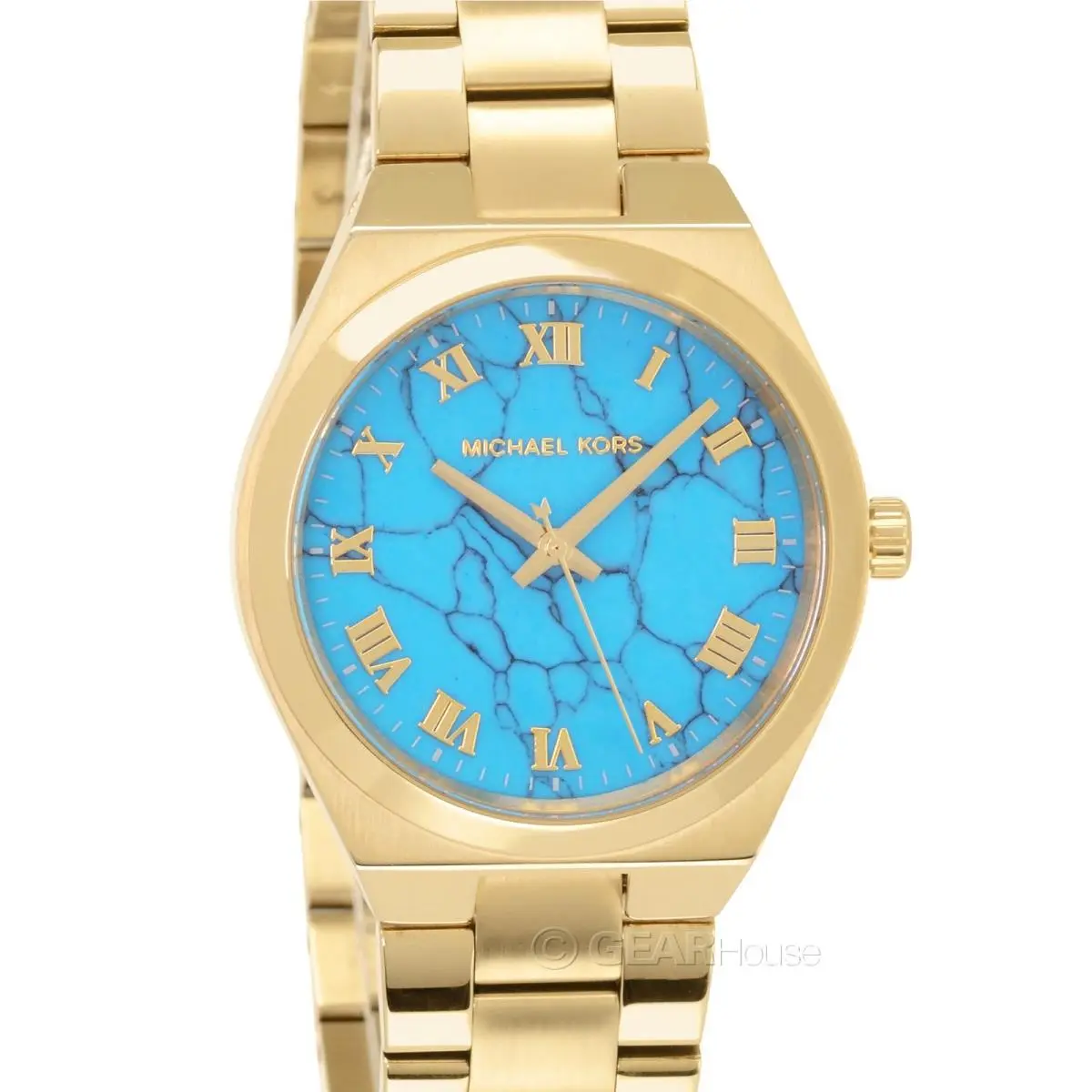 Michael Kors Lennox Womens Gold Watch Blue Turquoise Dial Stainless Steel Band