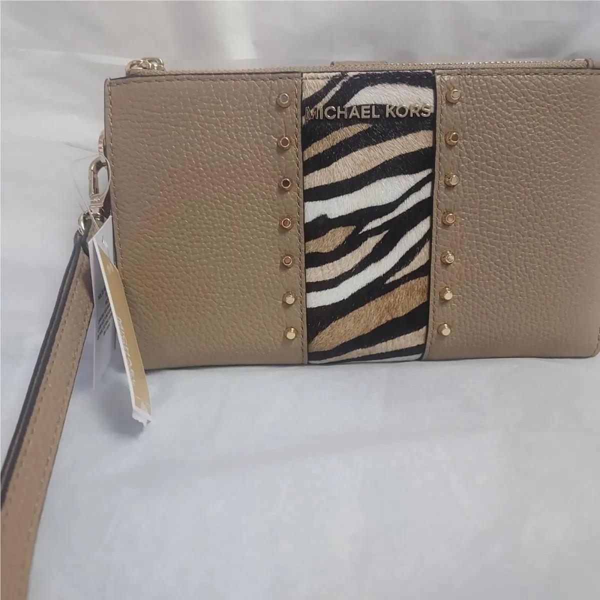 Michael Kors Jet Set Large Zip Phone Wristlet Camel Multi MK Leather