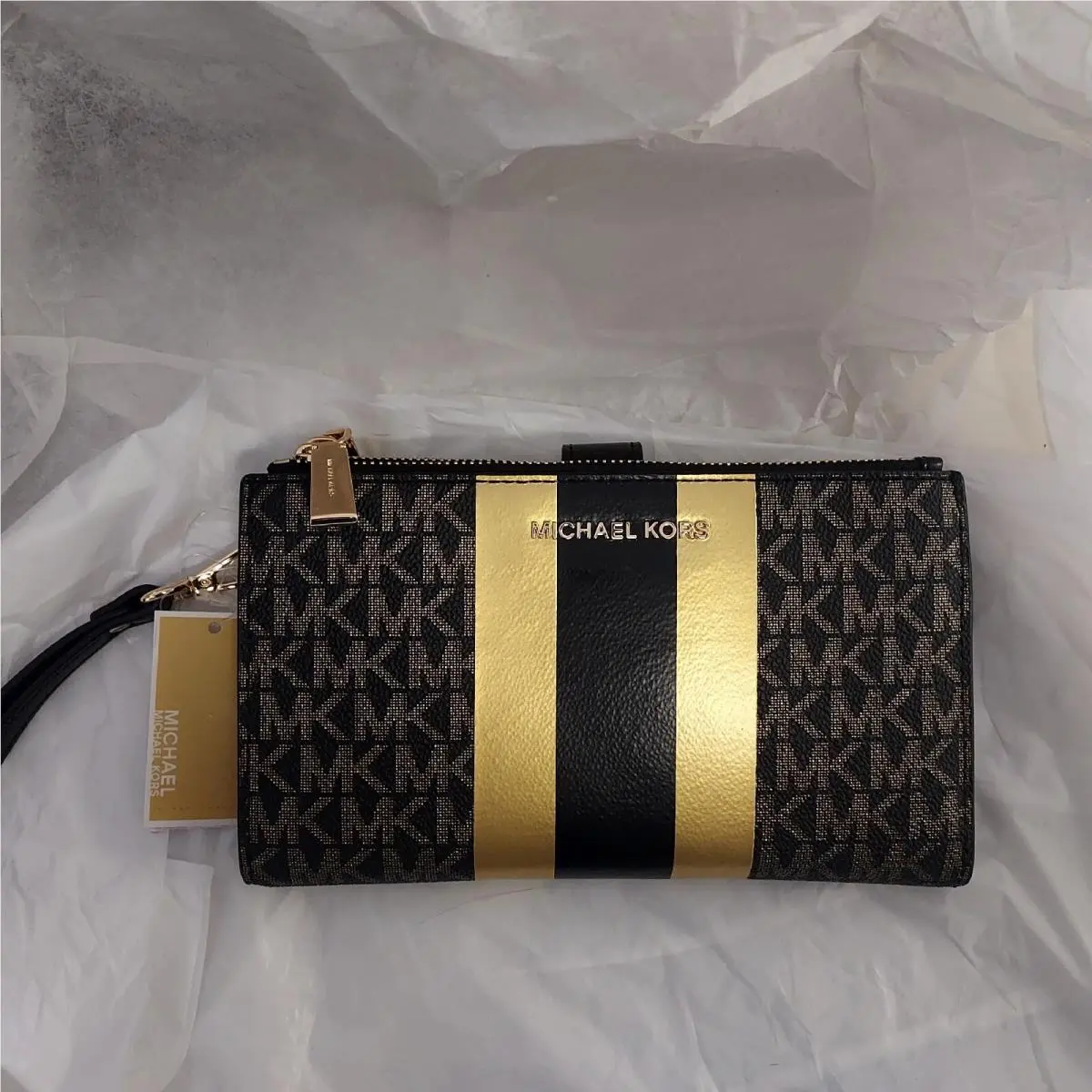 Michael Kors Jet Set Large Zip Phone Wristlet Black Gold MK Leather