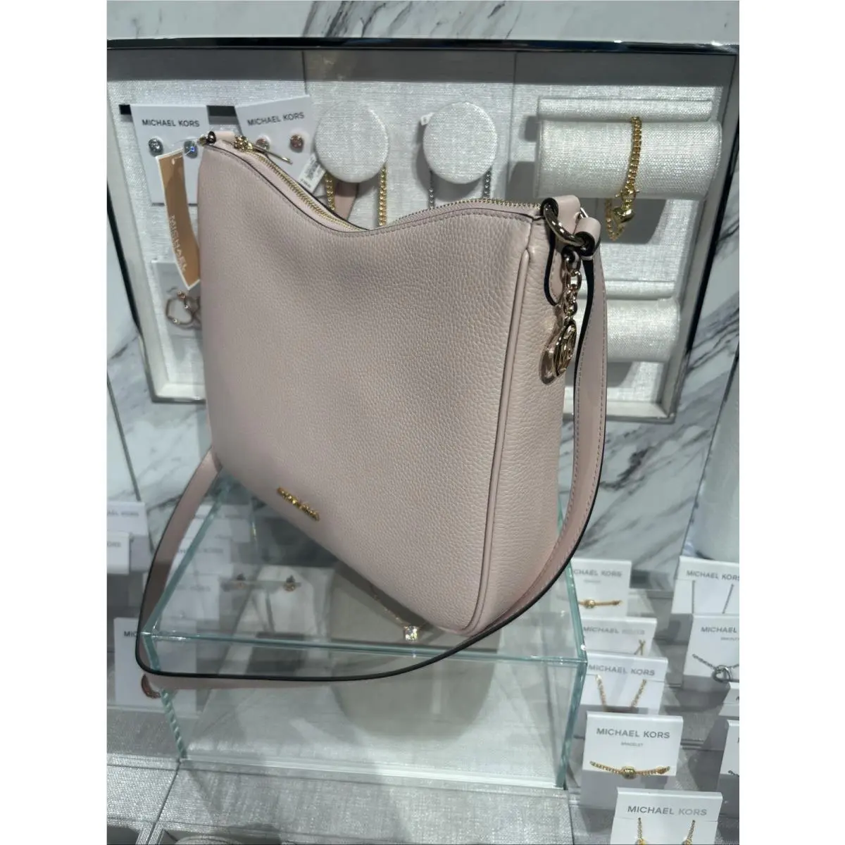 Nayla Medium Zip Messenger Crossbody Bag Tote MK Pink Leather Gold by Michael Kors