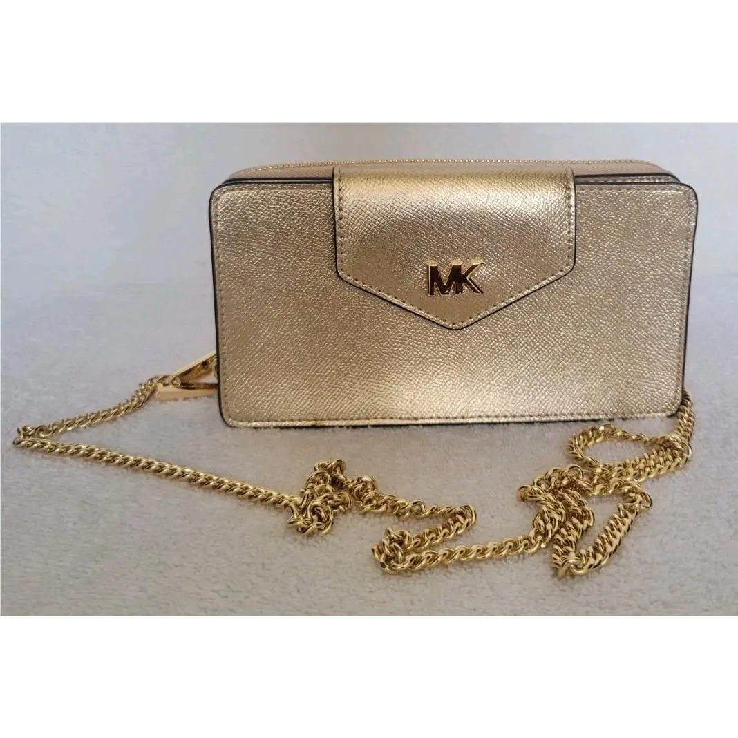 Michael Kors Jet Set Medium Crossbody Gold Bag Purse W/ Gold Chain Strap