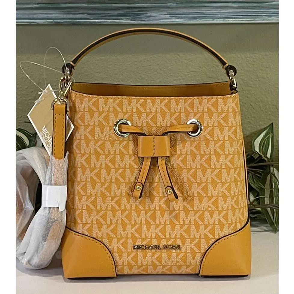 Michael Kors Mercer Small XS Bucket Drawstring Crossbody Gallery Bag Yellow Logo