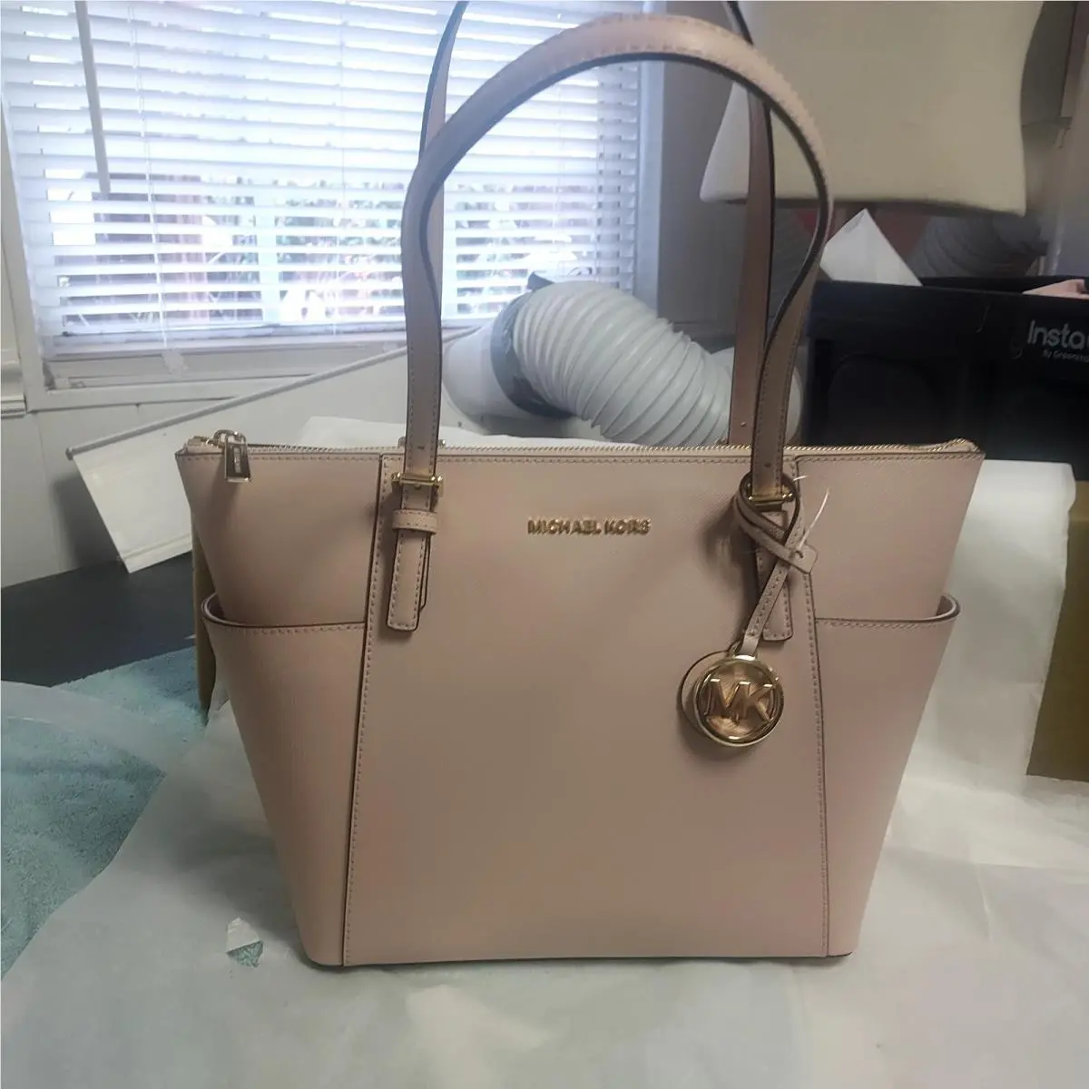 Jet Set East West Gold Tone Logo Charm Tote Bag Pink Leather by Michael Kors