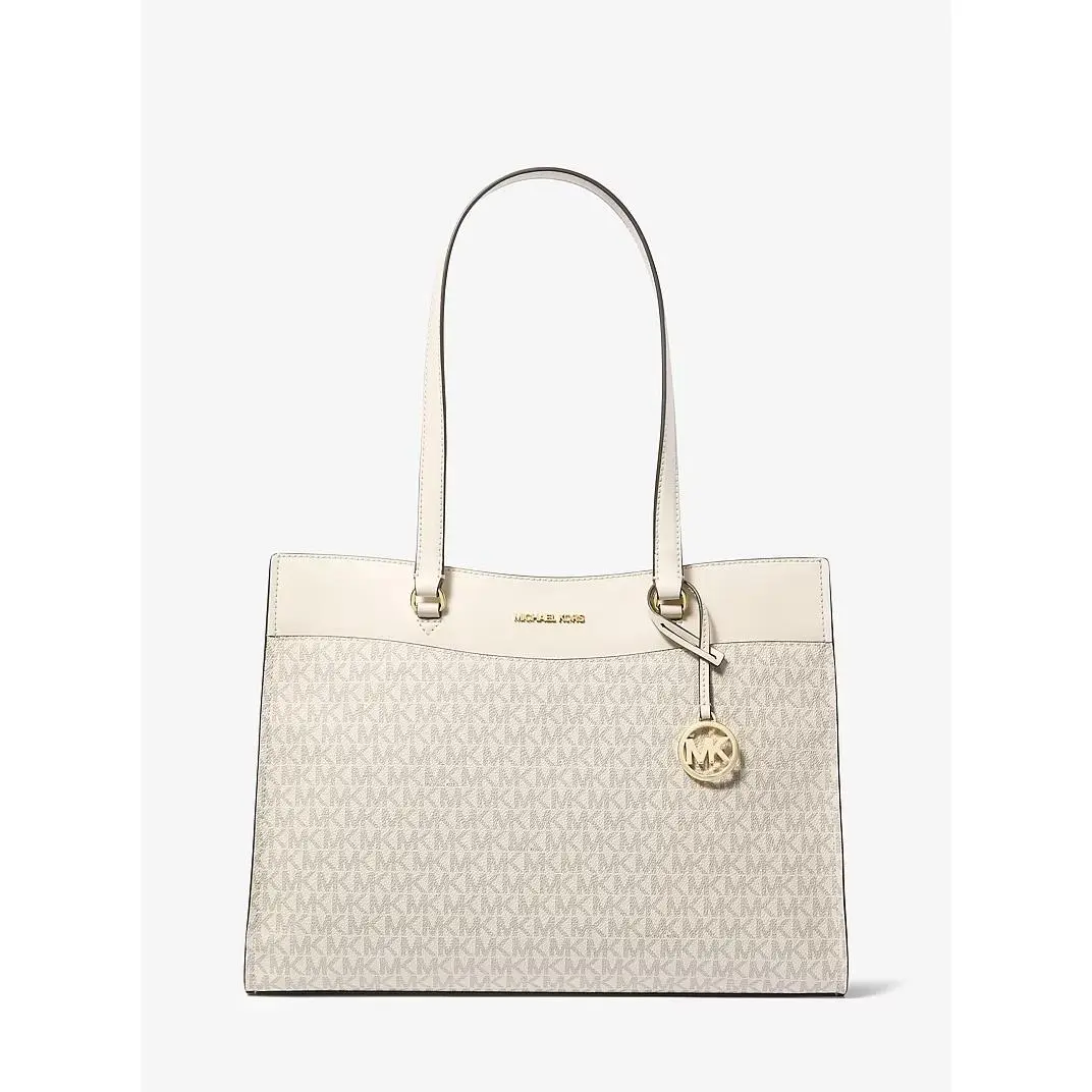 Michael Kors Jet Set Large Signature Canvas Tote Handbag Purse Beige