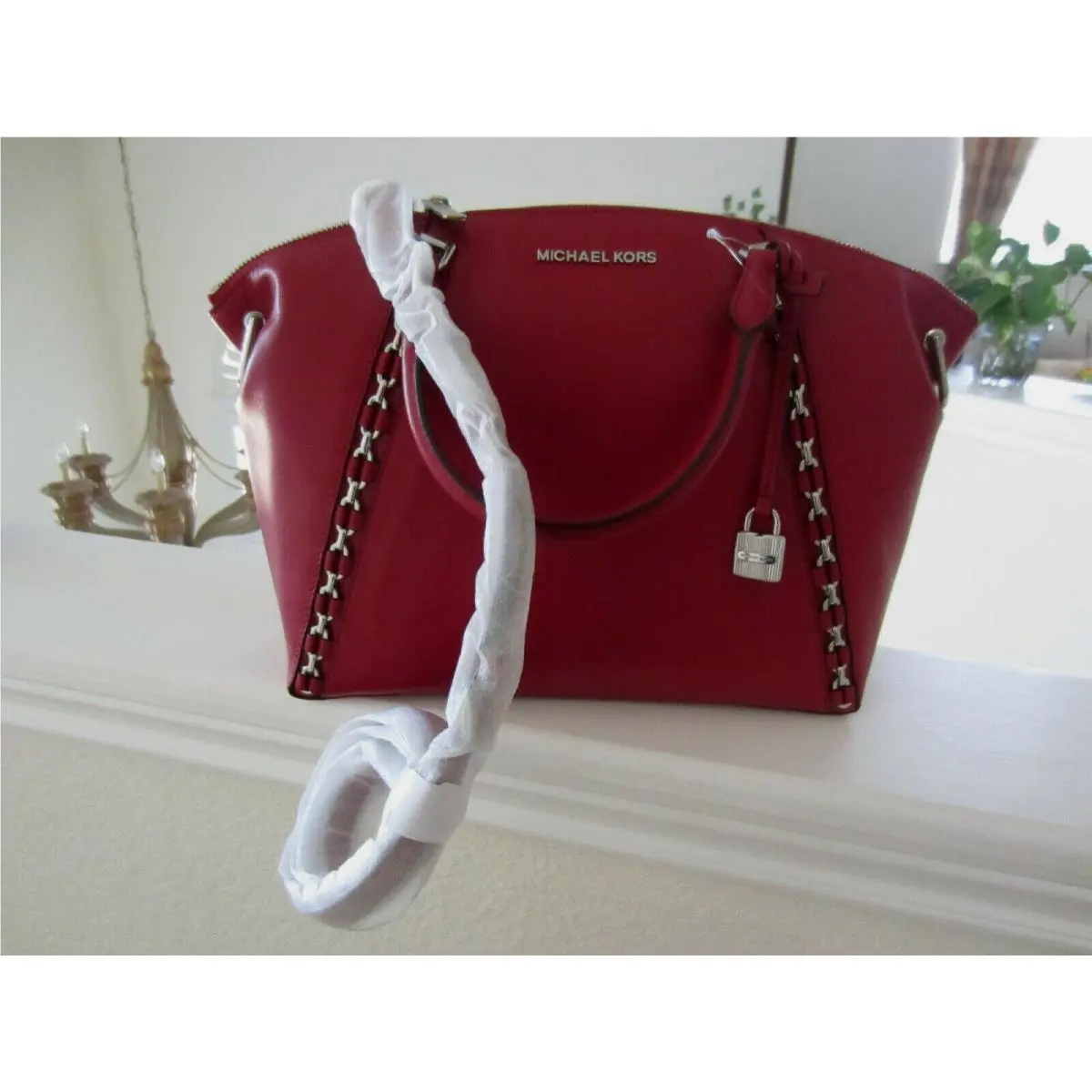Michael Kors Sadie Large Top Zip Leather Satchel Scarlet