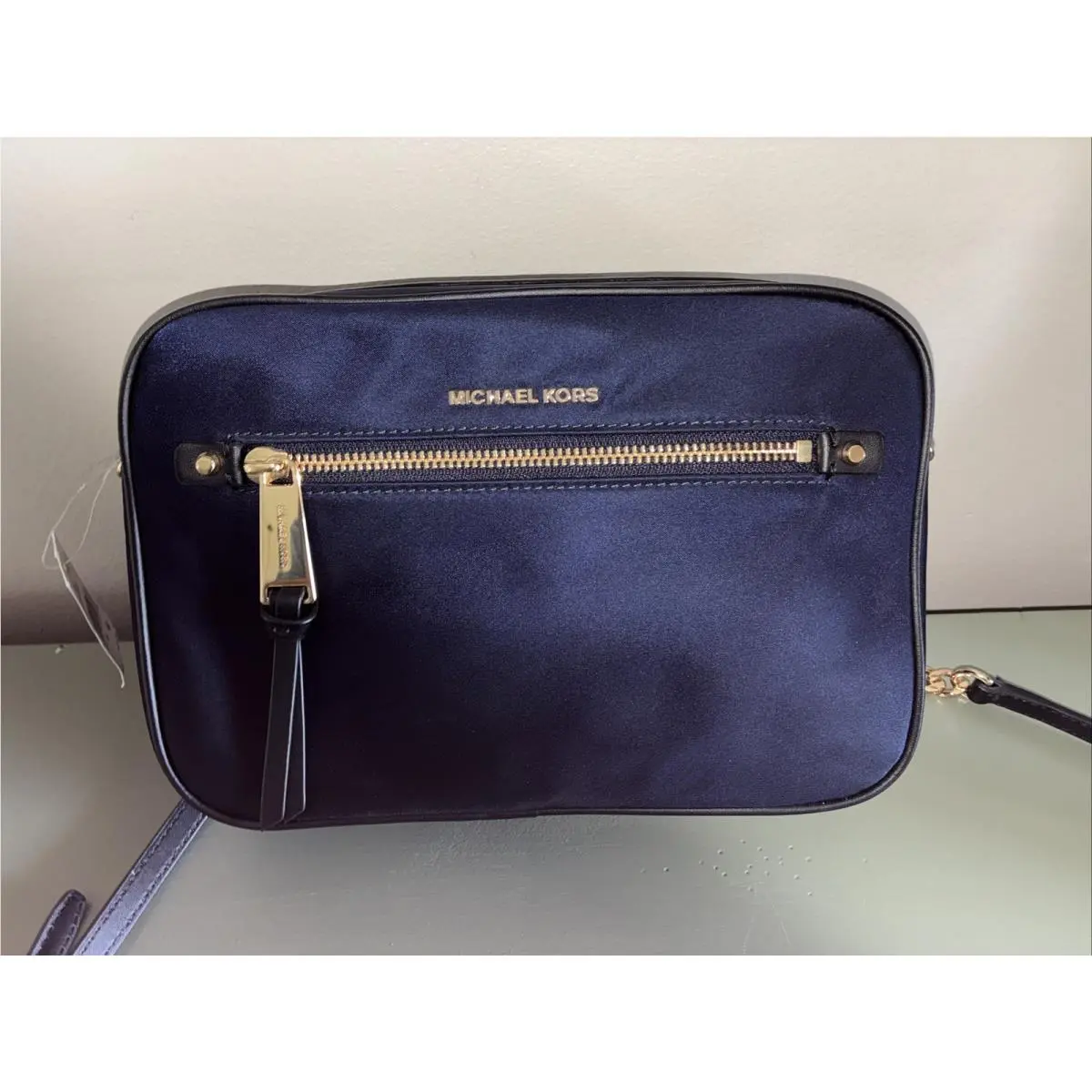 Designer Crossbody Bag By Michael Kors Navy and Black with Gold Accents