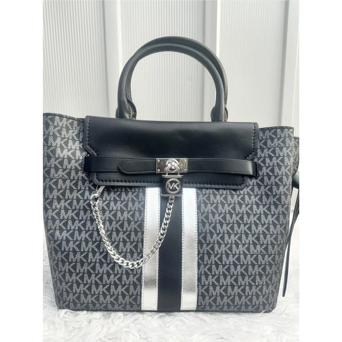 Michael Kors Hamilton Large Belted Satchel Black and Silver