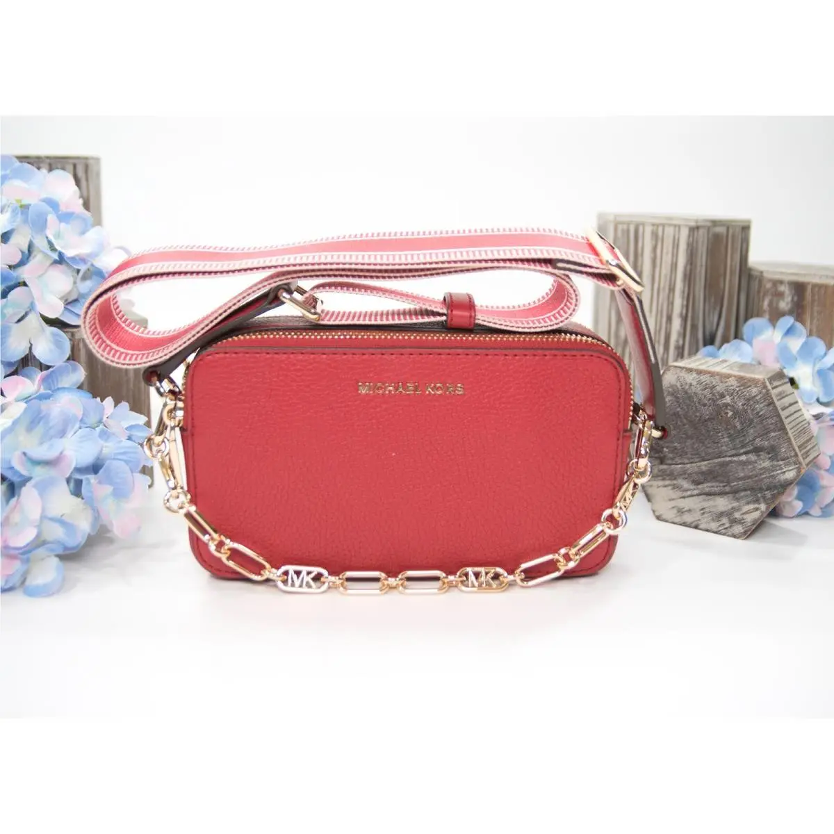 Michael Kors Red Leather Jet Set Small Double Zip Chain Camera Crossbody Bag
