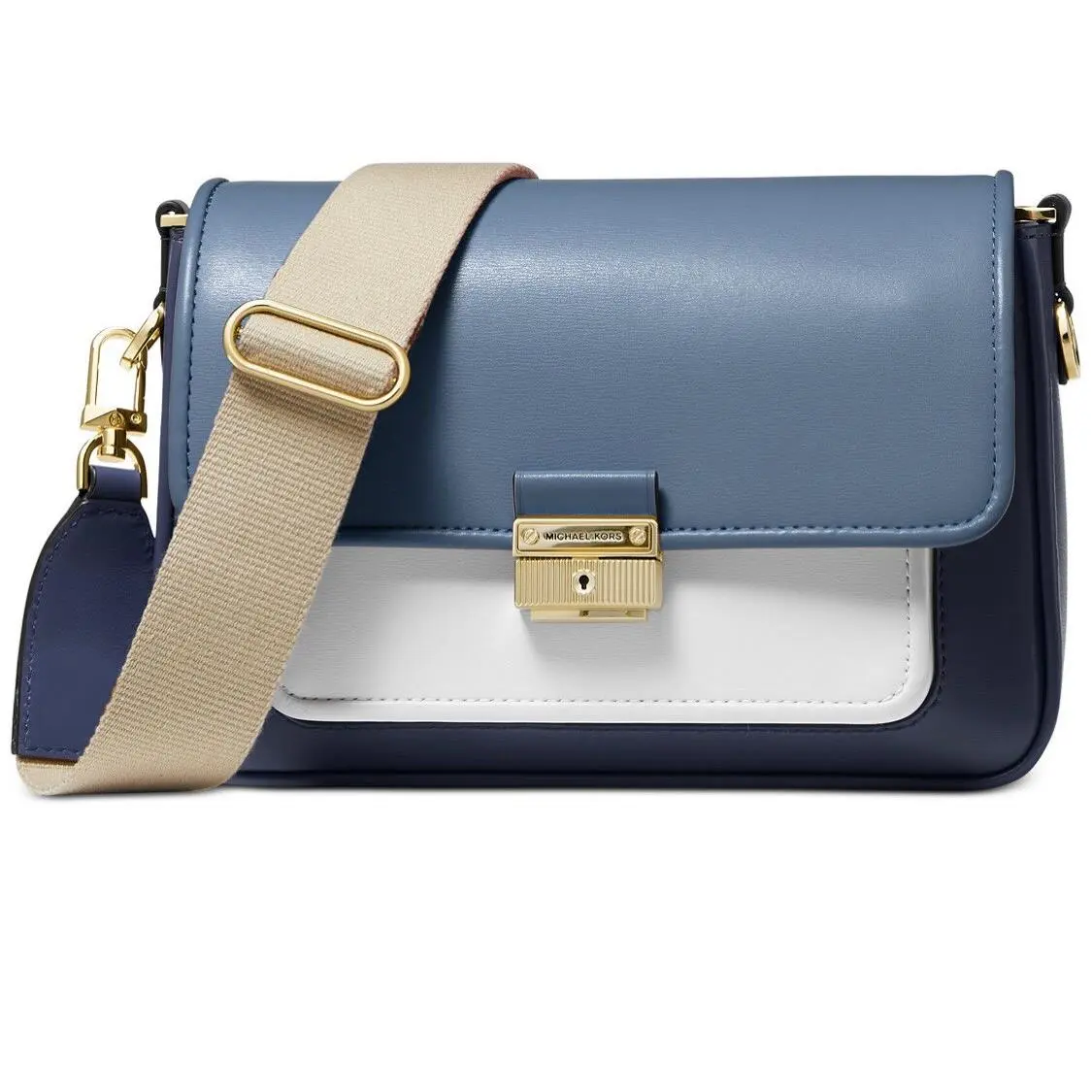 Michael Kors Bradshaw Medium Leather Messenger Bag Denim Multi Gold￼ Hardware