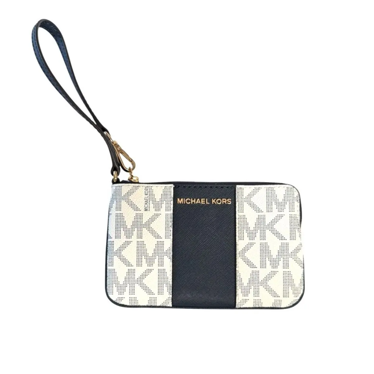 Michael Kors Jet Set Travel Large Top Zip Wristlet Navy White Center Stripe