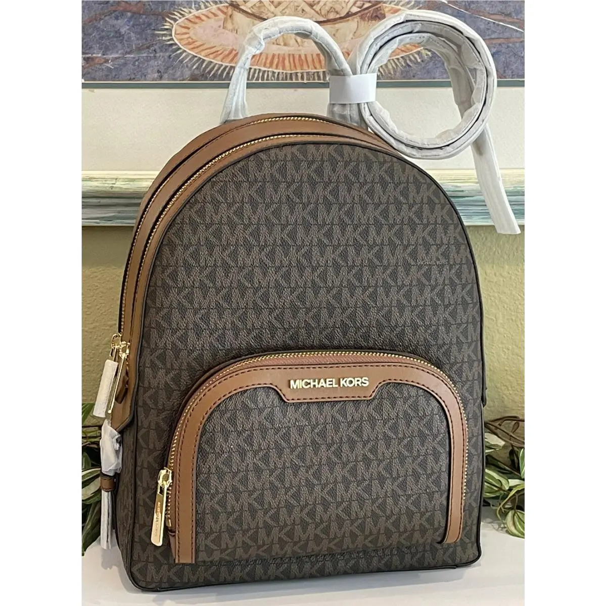 Michael Kors Jaycee Medium Zip Pocket Backpack Bag Tote MK Brown Logo Leather