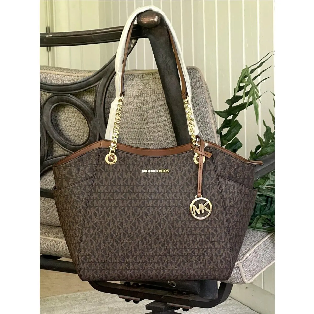Michael Kors Jet Set Travel Large Medium Chain Shoulder Tote Bag MK Brown Logo