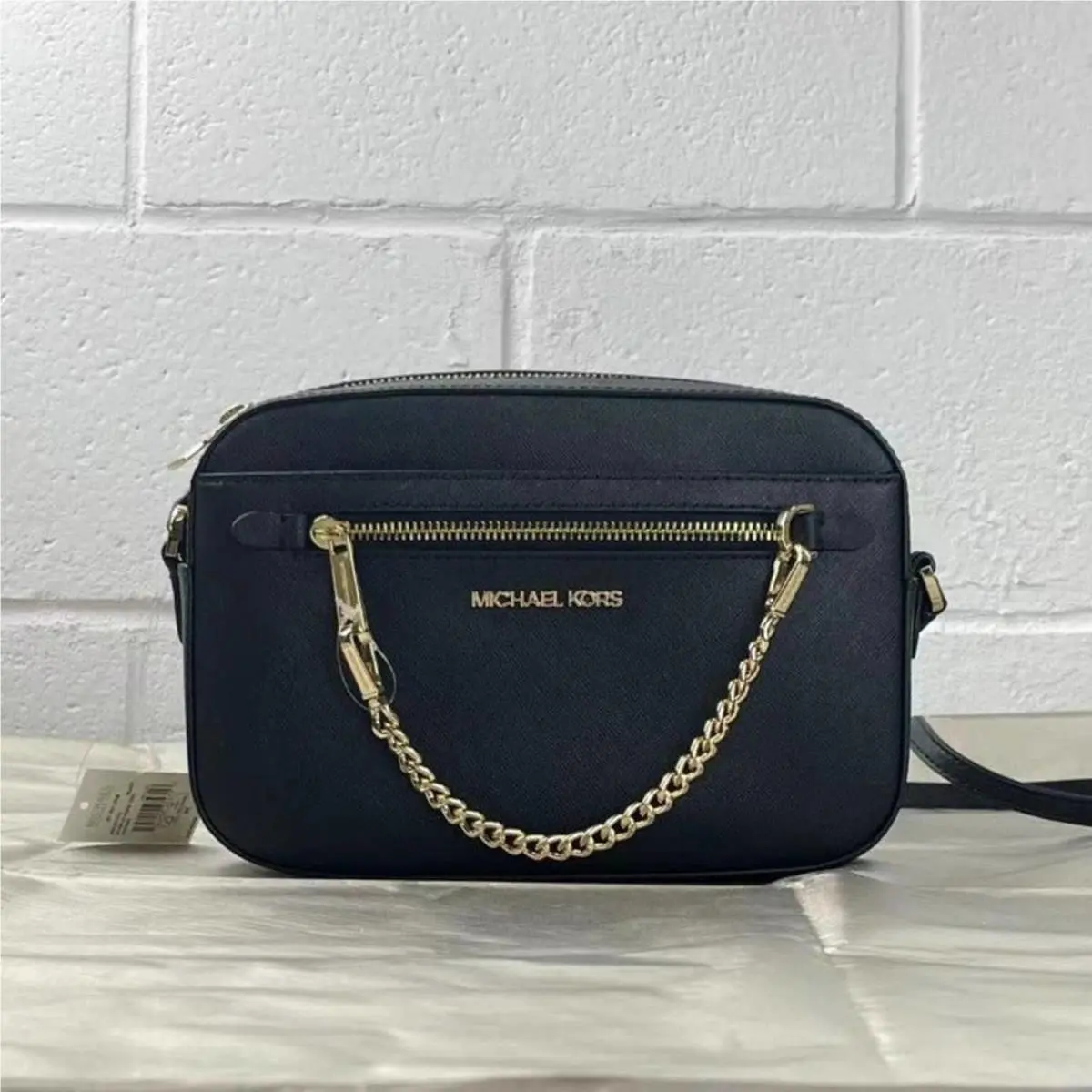 Michael Kors Jet Set Item 35S1GTTC7L LG Zip Chain MK Leather Crossbody Bag Black