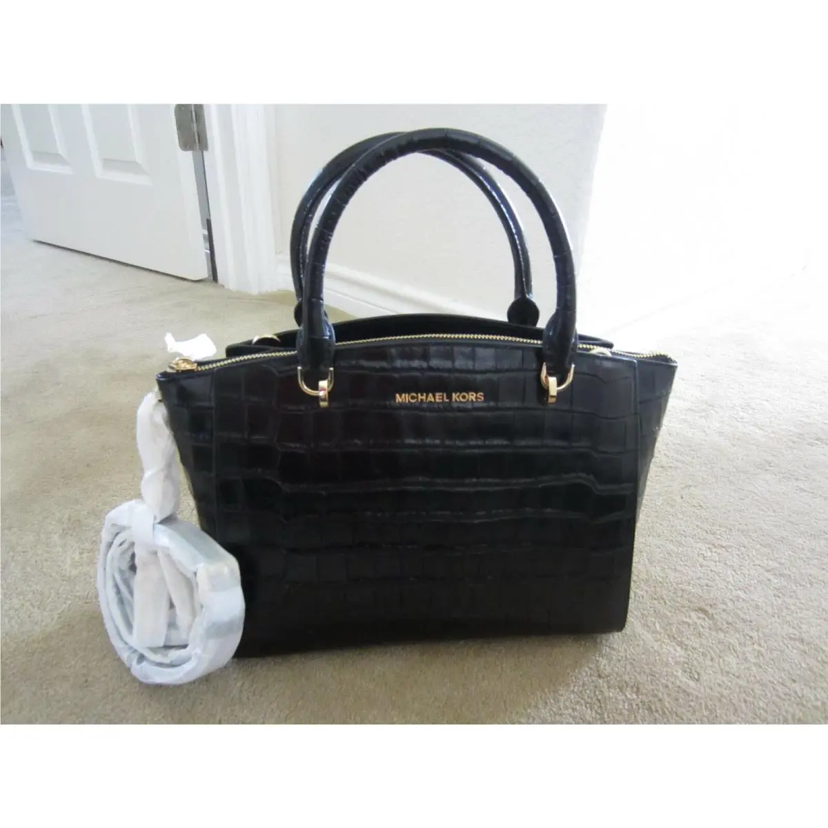 Michael Kors Ellis Large Embossed Leather Satchel Bag Black