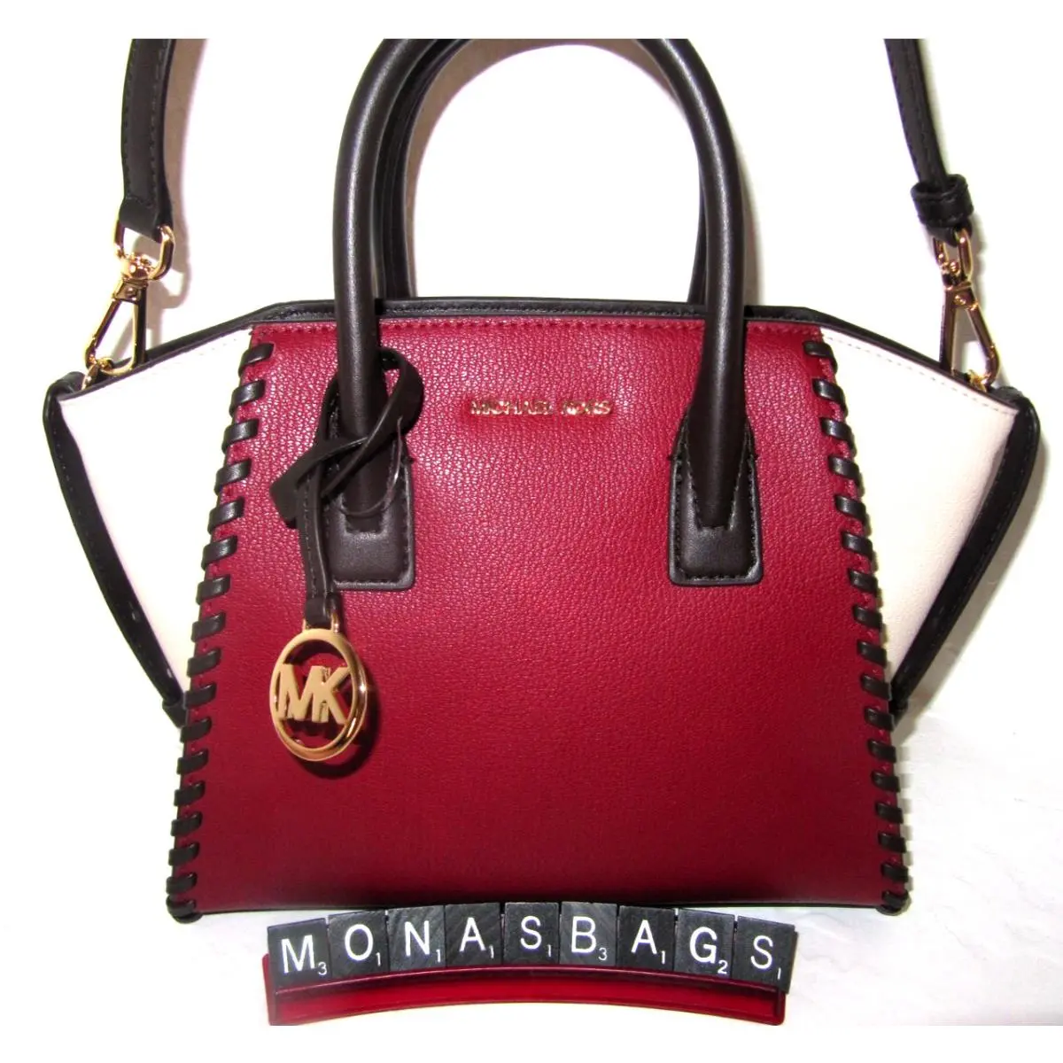 Michael Kors Avril Small Top Zip Satchel Crossbody Bag Cherry Blk White