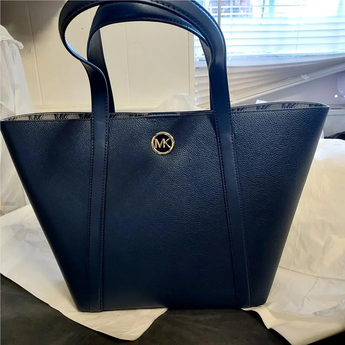 Hadleigh Large Double Handle Leather Tote Bag Navy Leather by Michael Kors