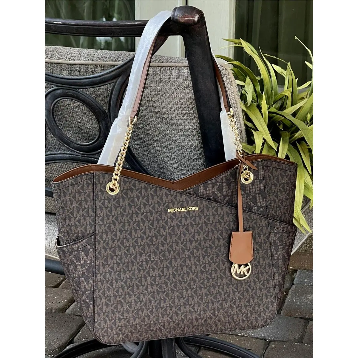 Jet Travel X Chain Large Shoulder Bag Tote MK Brown Signature Logo by Michael Kors