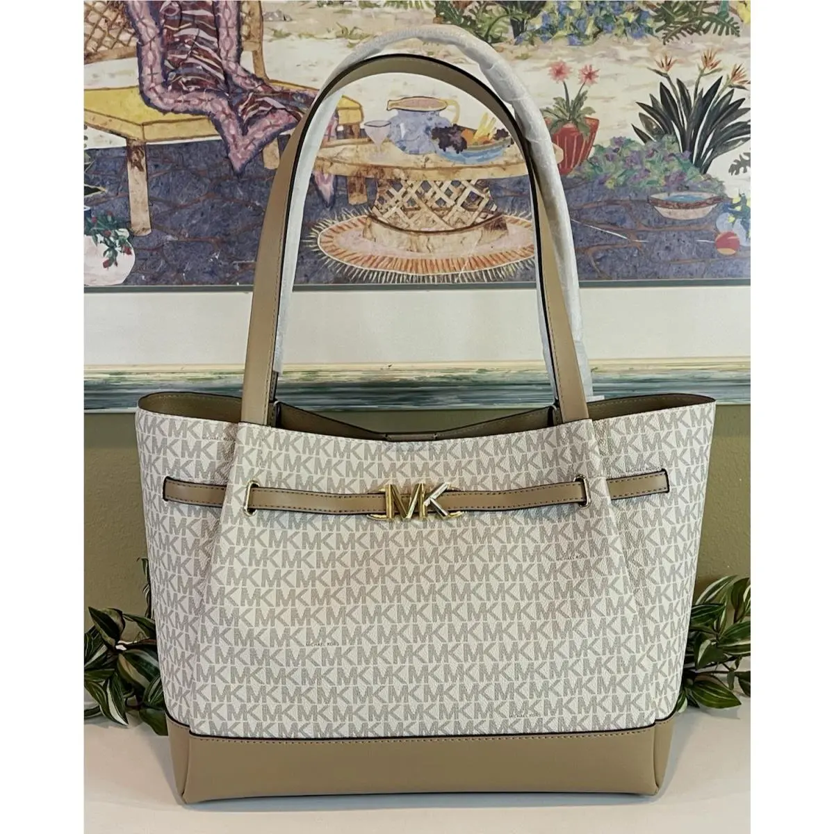 Michael Kors Reed Large Belted Tote Camel MK Logo Shoulder Bag Travel Shopper
