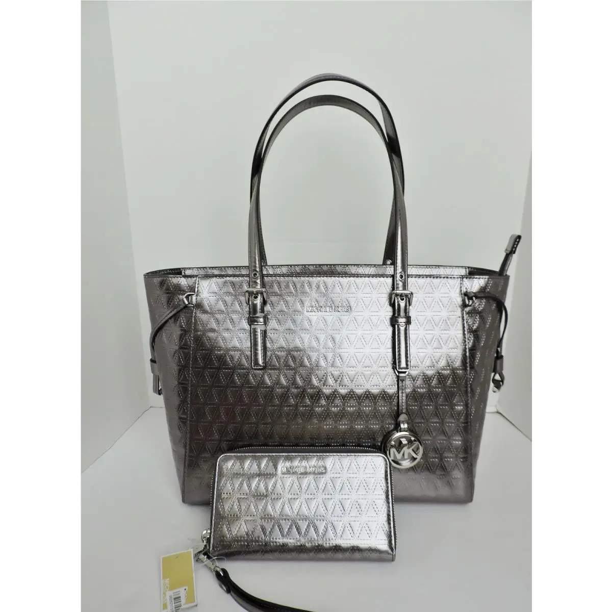 Michael Kors Voyager Gunmetal Embossed Leather Large Tote Zip Around Wallet