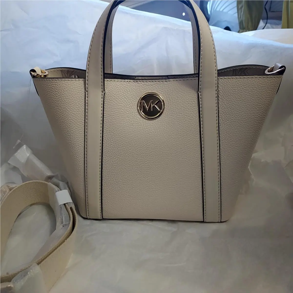 Hadleigh Small Double Handle Tote Bag in Light Cream Leather by Michael Kors