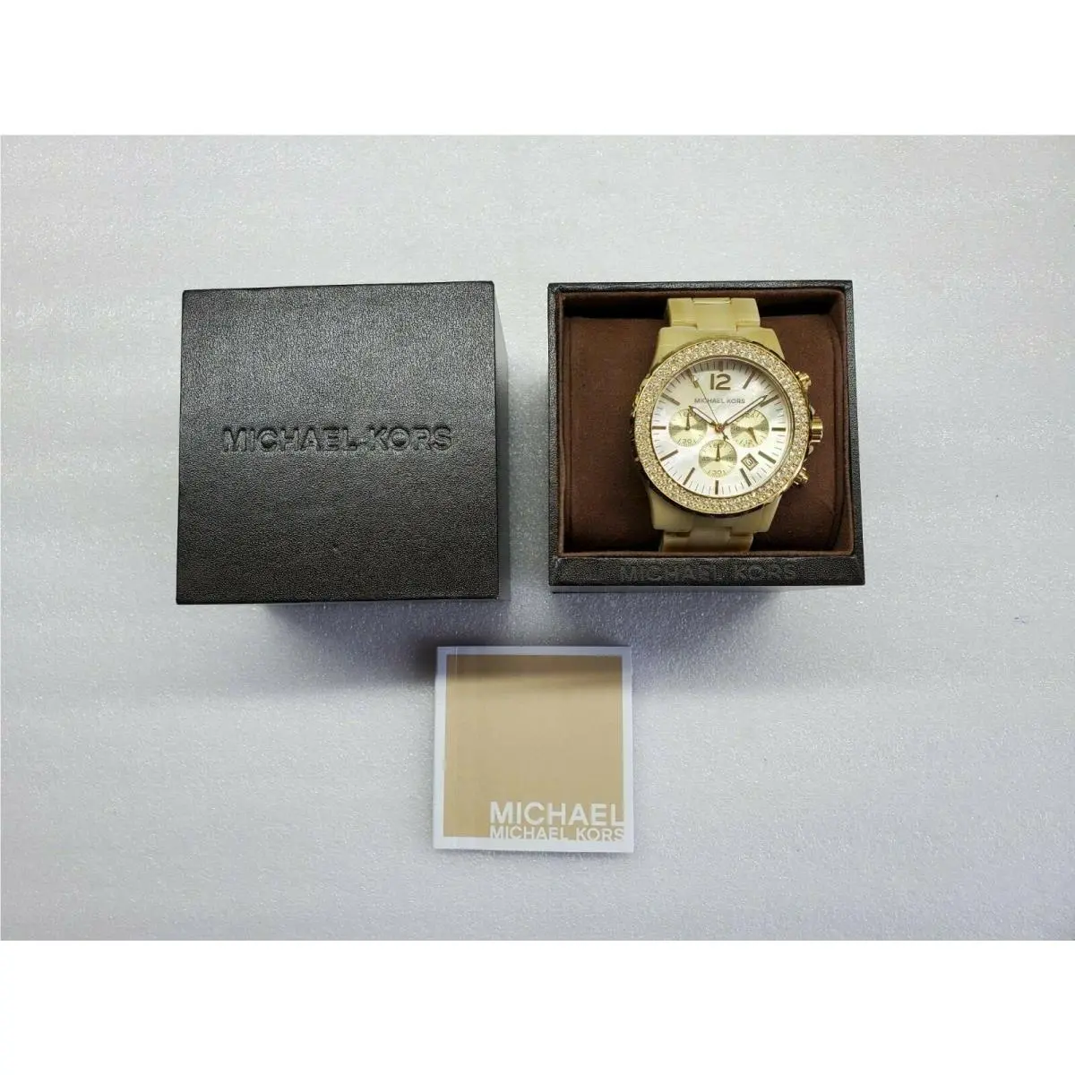 Michael Kors Madison Chronograph Date Beige Plastic Band Ladies Watch MK5558