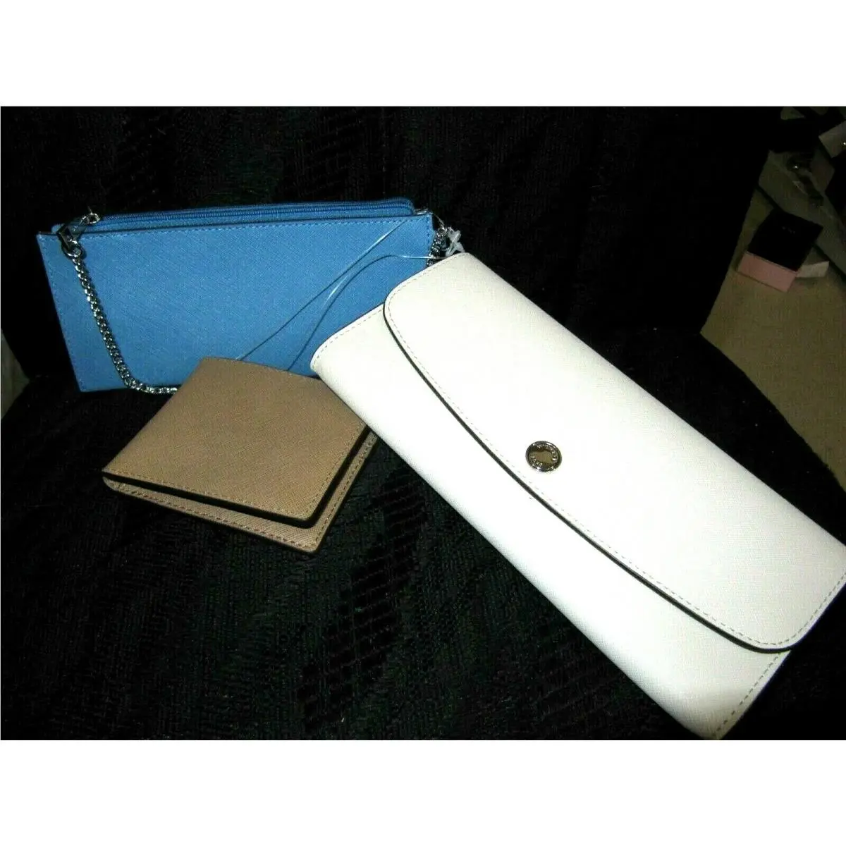 Michael Kors Large Flap Juliana Chalk Blue Khaki Leather 3 Piece Wallet Set